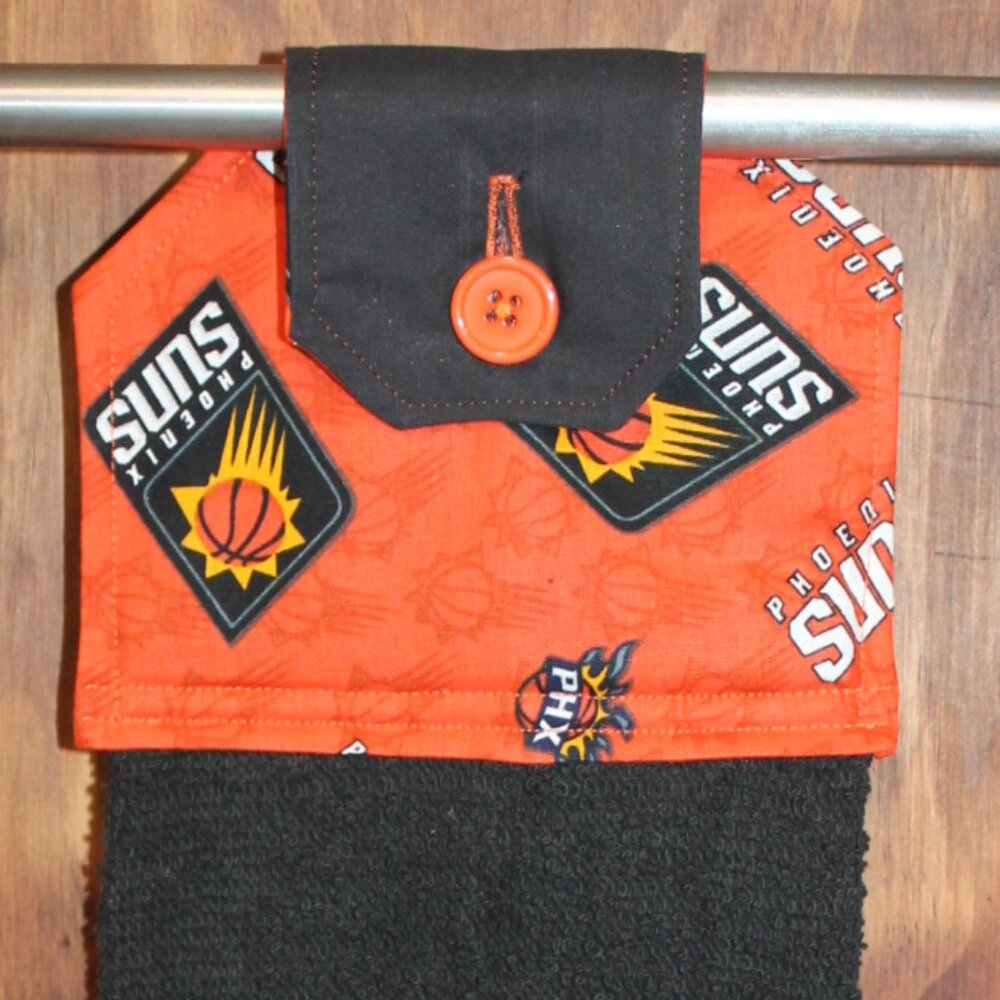 PHOENIX SUNS PRINT ORANGE & BLACK HANDMADE HANGING KITCHEN TOWEL BLACK TOWEL